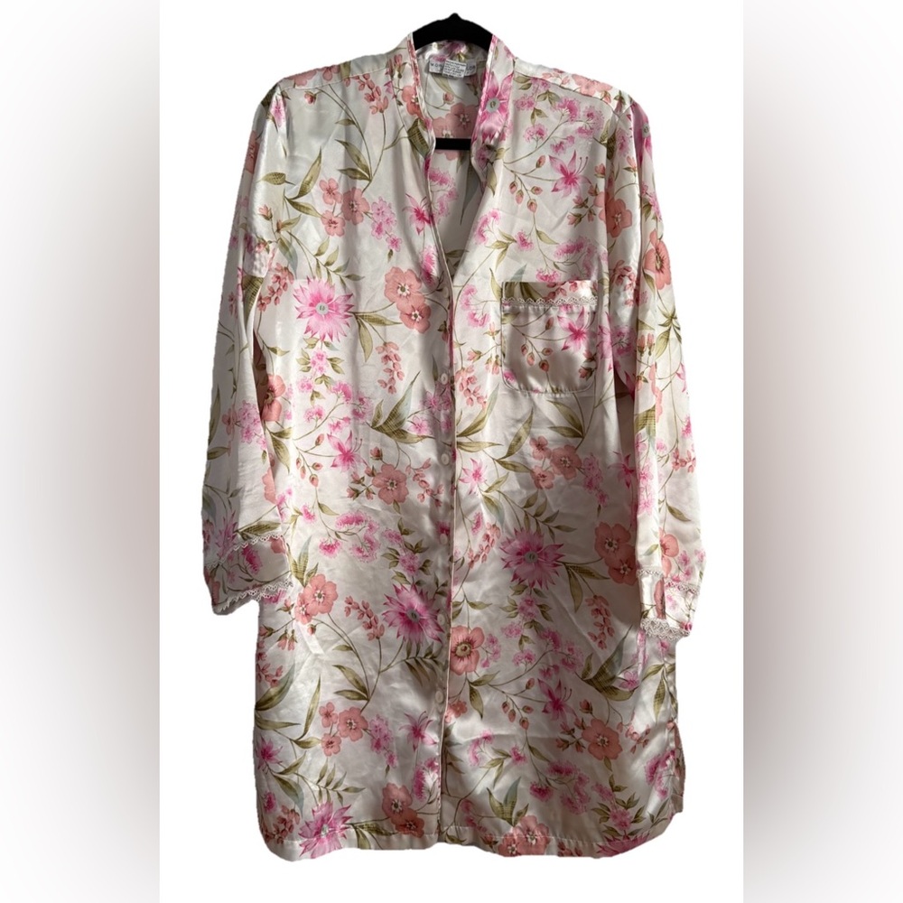 Vintage Morgan Taylor Intimates Satin Sleepshirt Nightgown Floral Pink Large Y2K